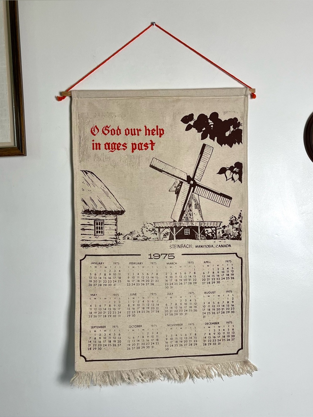 1975 Steinbach, Manitoba Linen Calendar Tapestry 27” x 16.5”